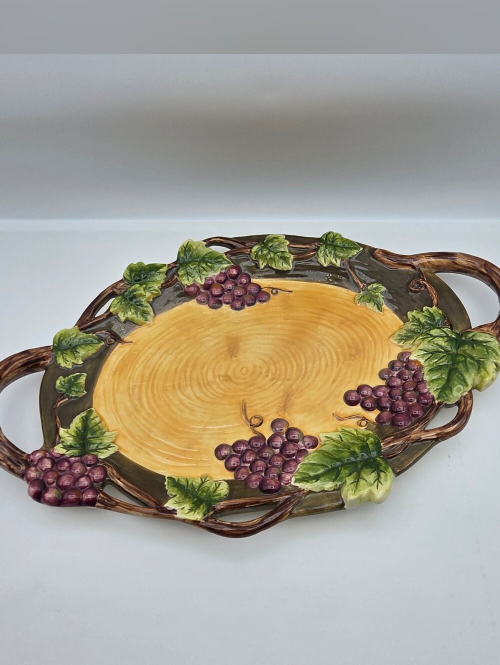 Pacific Rim Sonoma Handled Serving Tray 14 1/2" Embossed Grapes Leaves EUC
